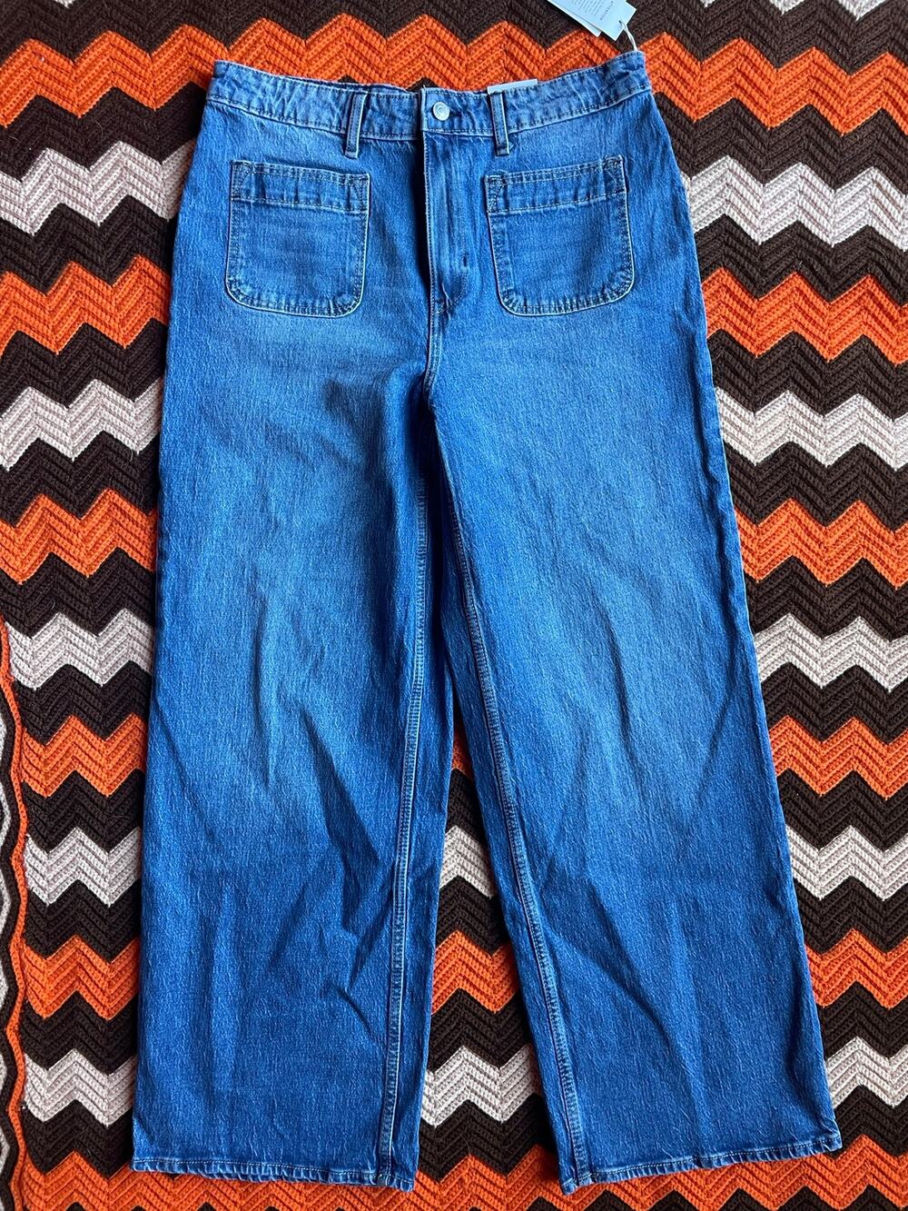 Free Assembly Wide Leg Medium Wash Pocket Patch Jeans sz 16 NWT